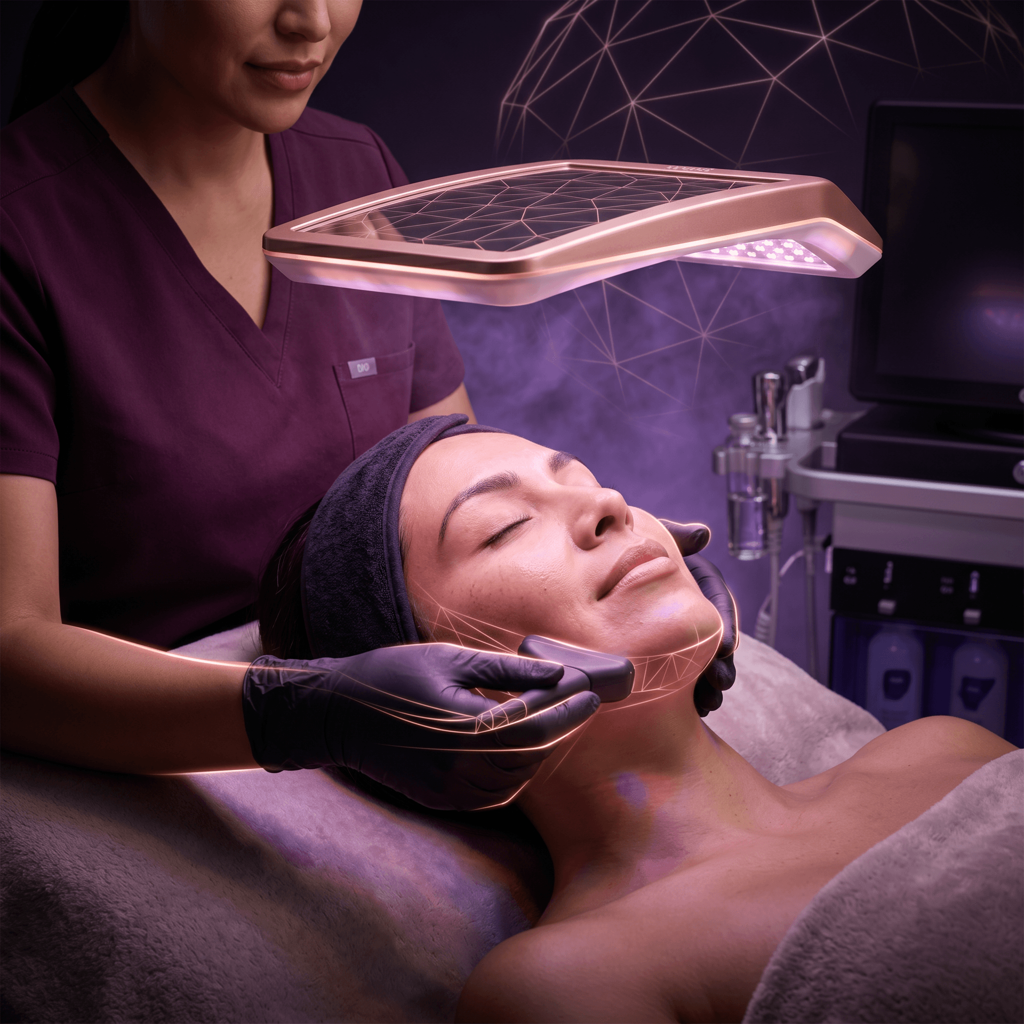 Tratamiento dermatológico con equipo LED y protocolo de precisión en consulta